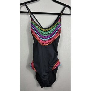 Trina Turk Embroidered One Piece Swimsuit Black Multicolor Strappy Back Size 10
